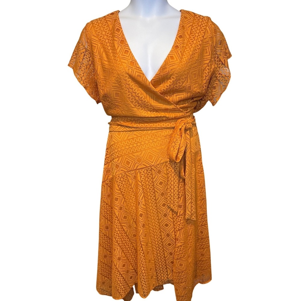 NWT Maison Tara Womens Mustard Yellow Lace Wrap Dress Sz 14W Boho Cocktail Girly